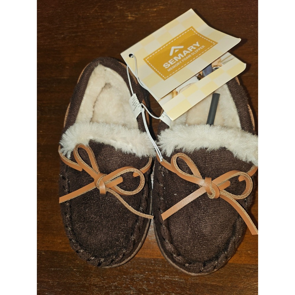 Semary Boys Sz 7 Toddler Brown Faux Suede Moccasin Memory Foam Slippers‎ NEW